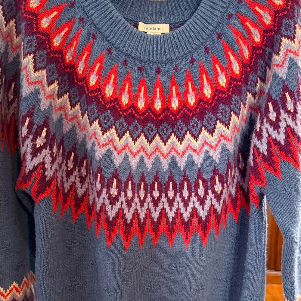 Sundance Vibrant Blue and Red-Orange Crew Neck Sweater